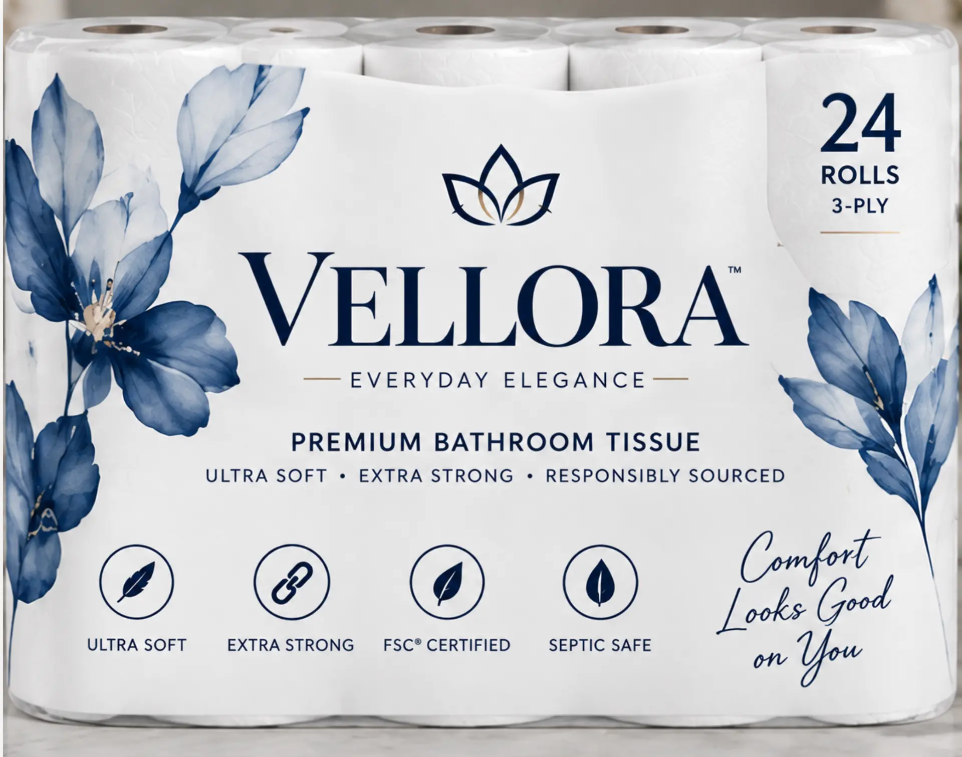 VELLORA Premium Bathroom Tissue package with 24 rolls